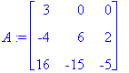 A := matrix([[3, 0, 0], [-4, 6, 2], [16, -15, -5]])...